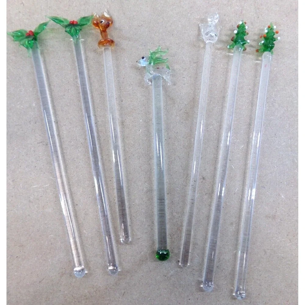 Vintage Christmas Glass Swizzle / Stir Sticks Reindeer Trees Holly & Angel